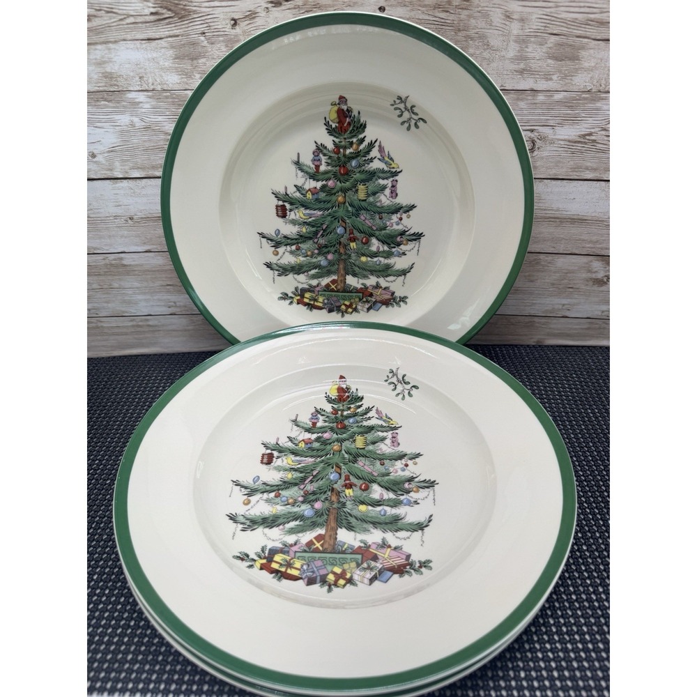 Set 4 Spode Christmas Tree 10.5" Dinner Plates Glossy Excellent